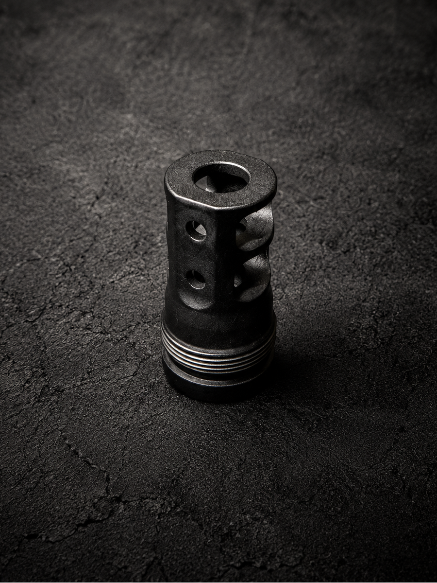 PsychWard Labs Hammer 1/2x28 muzzle brake and Plan B-compatible suppressor mount shown as a standalone black nitrided muzzle device.
