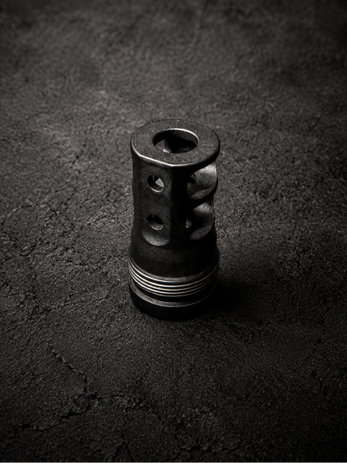 PsychWard Labs Hammer 1/2x28 muzzle brake and Plan B-compatible suppressor mount shown as a standalone black nitrided muzzle device.