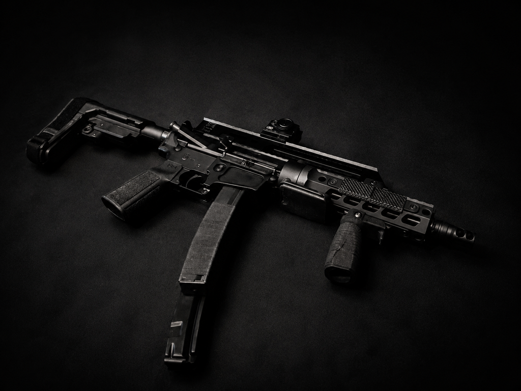 PsychWard Labs Hammer 1/2x28 muzzle brake installed on a 9mm pistol caliber carbine with a compact tactical setup.