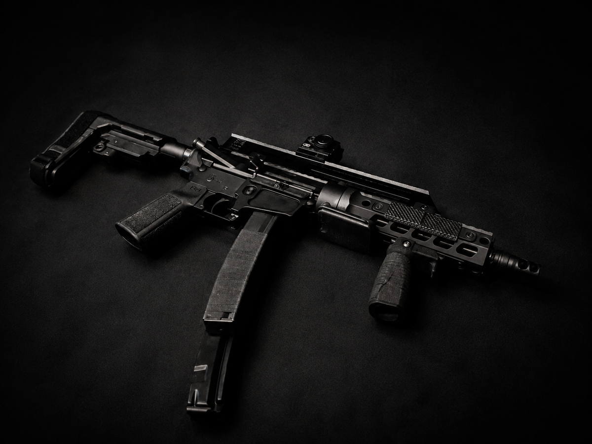 PsychWard Labs Hammer 1/2x28 muzzle brake installed on a 9mm pistol caliber carbine with a compact tactical setup.