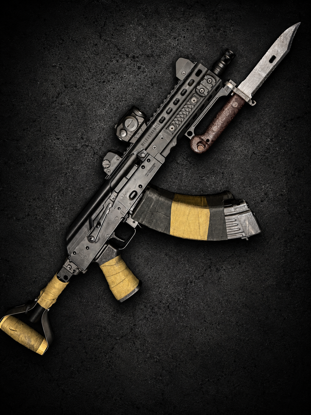 PsychWard Labs Harpoon M-LOK bayonet adapter mounted on an AK-pattern rifle with an AK bayonet.