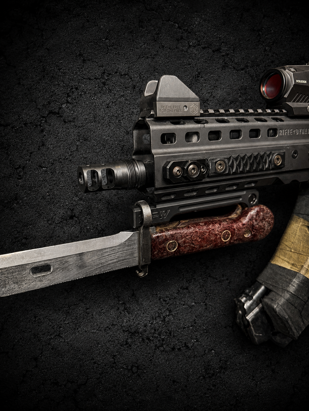 PsychWard Labs Harpoon M-LOK bayonet adapter mounting an AK-pattern bayonet to a modern M-LOK handguard.