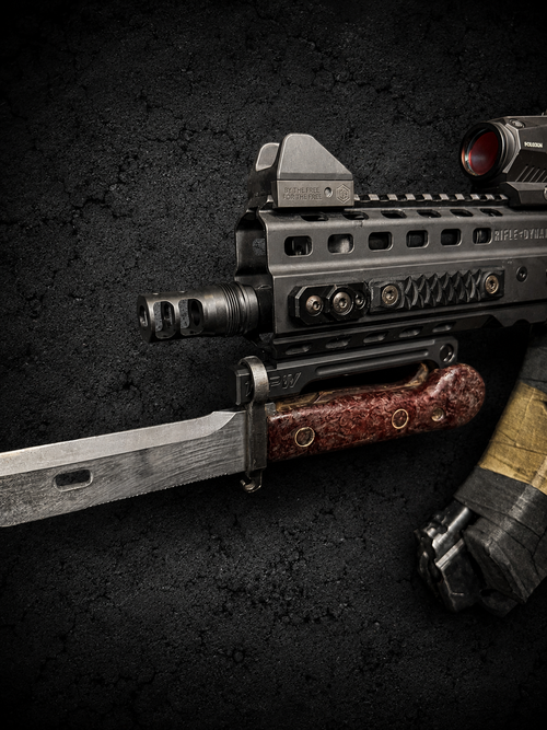 PsychWard Labs Harpoon M-LOK bayonet adapter mounting an AK-pattern bayonet to a modern M-LOK handguard.