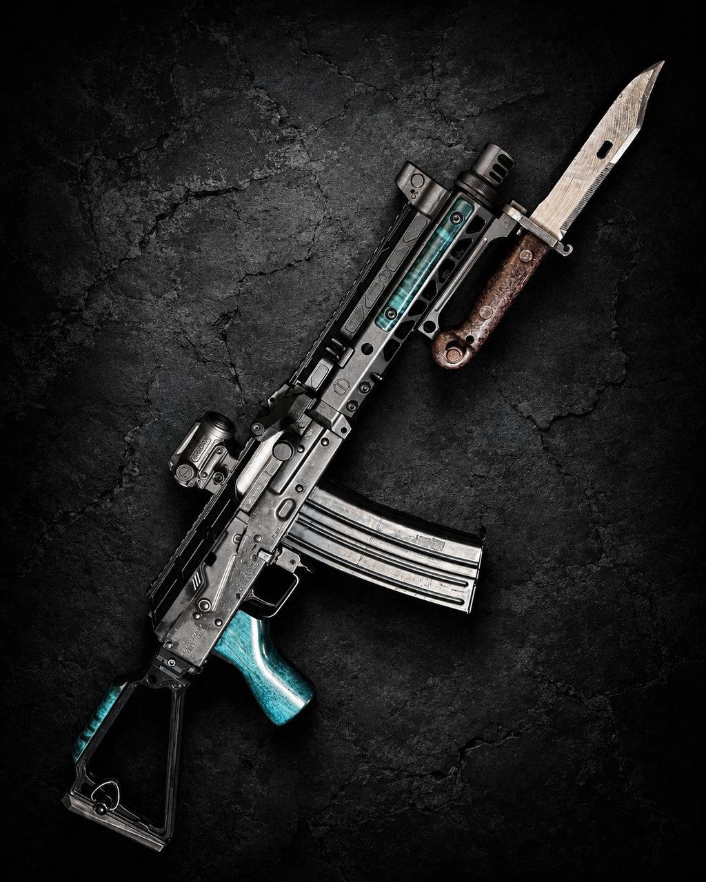 PsychWard Labs Harpoon M-LOK bayonet adapter mounted on a modern AK-pattern rifle with an M-LOK handguard and AK-pattern bayonet.