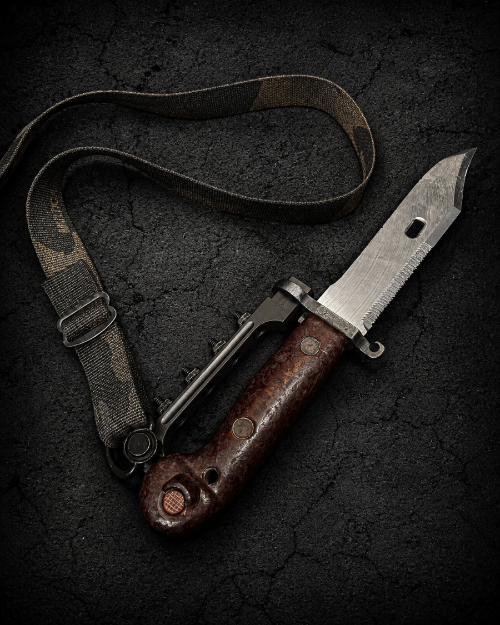 PsychWard Labs Harpoon M-LOK bayonet adapter with integrated QD sling mount and AK-pattern bayonet.