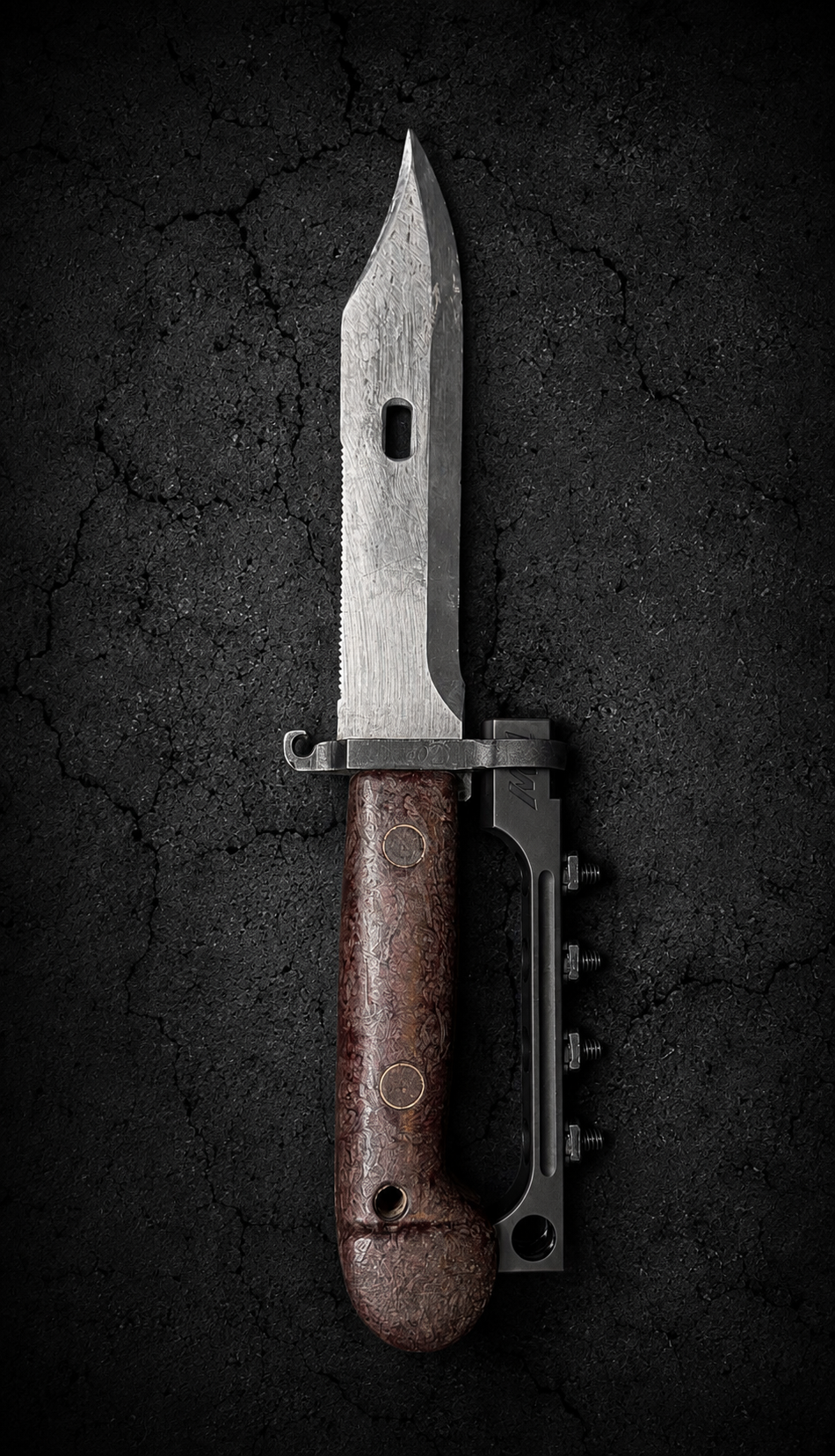 PsychWard Labs Harpoon USA-made 17-4 stainless steel M-LOK bayonet adapter shown with an AK-pattern bayonet.